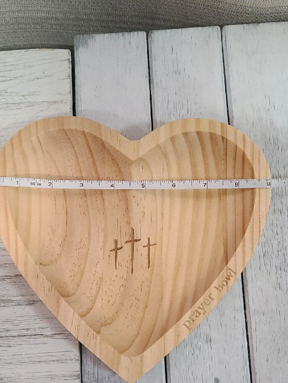 Wooden Heart Prayer Bowl - Natural Carved Wood With 3 Crosses & Prayer Cards NWT